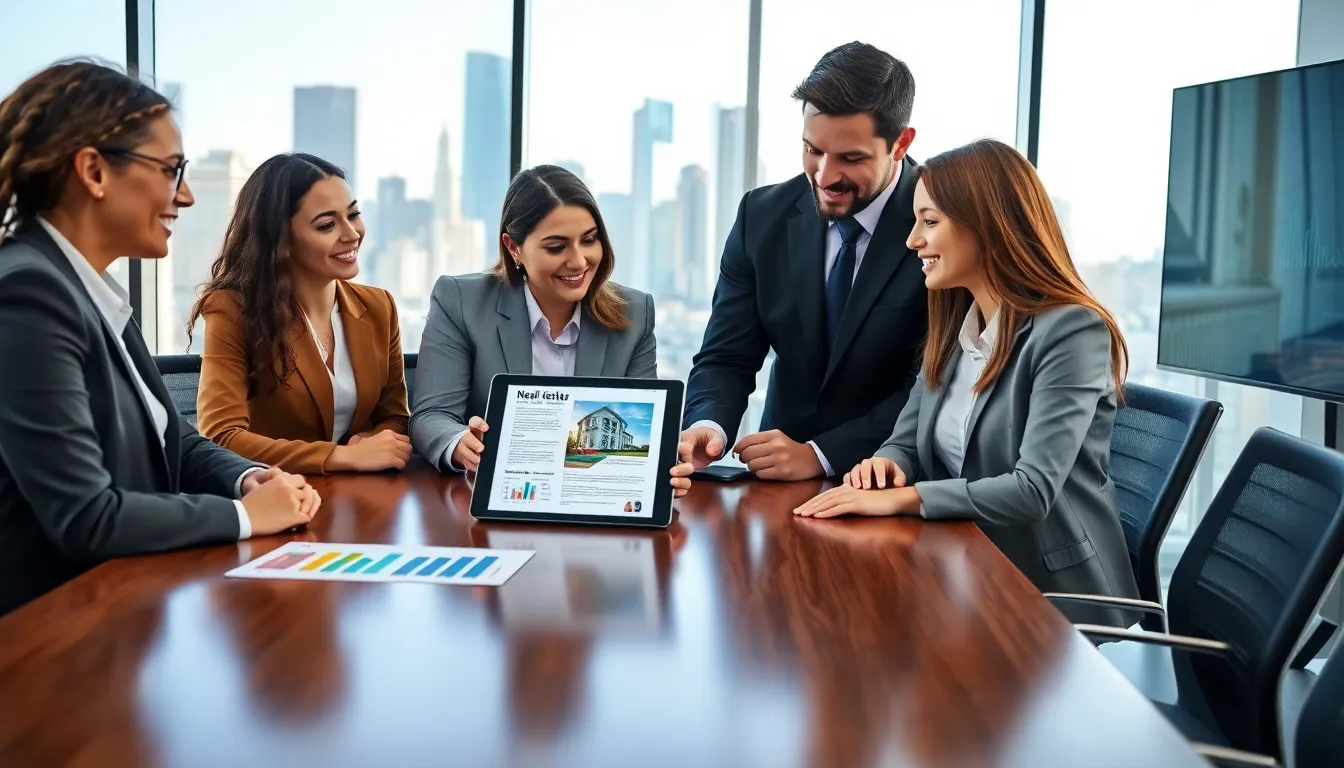 Real estate professionals discussing newsletters in a modern office setting.