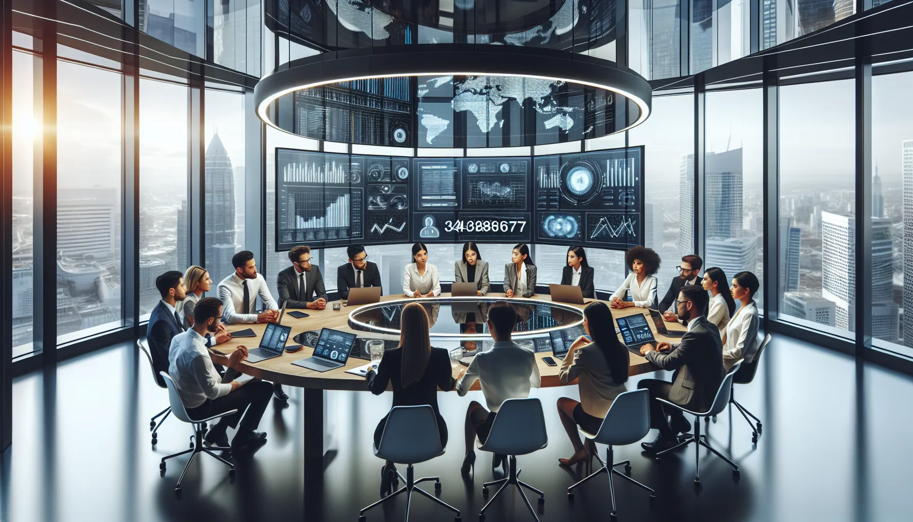 diverse team discussing data in a modern office setting.