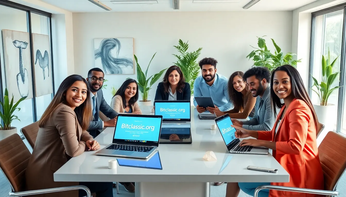 diverse professionals discussing cryptocurrency in a modern office setting.