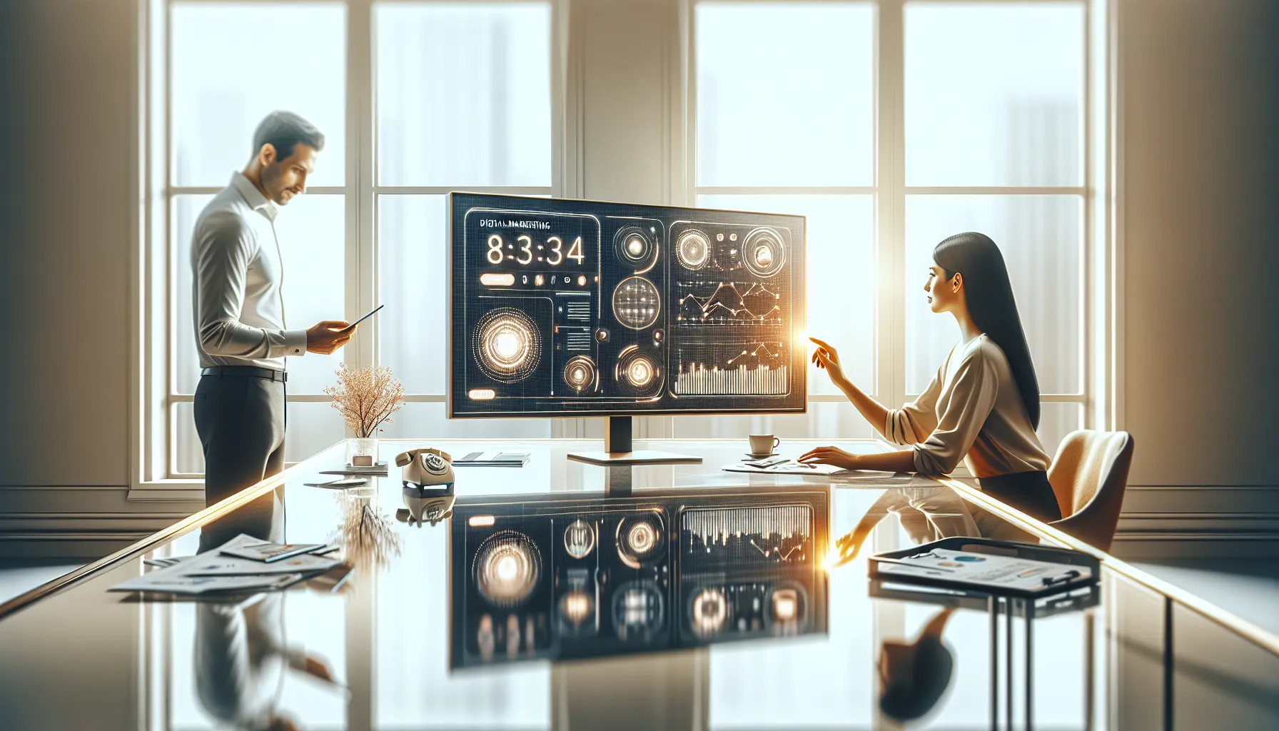 professionals discussing marketing strategies in a modern office.