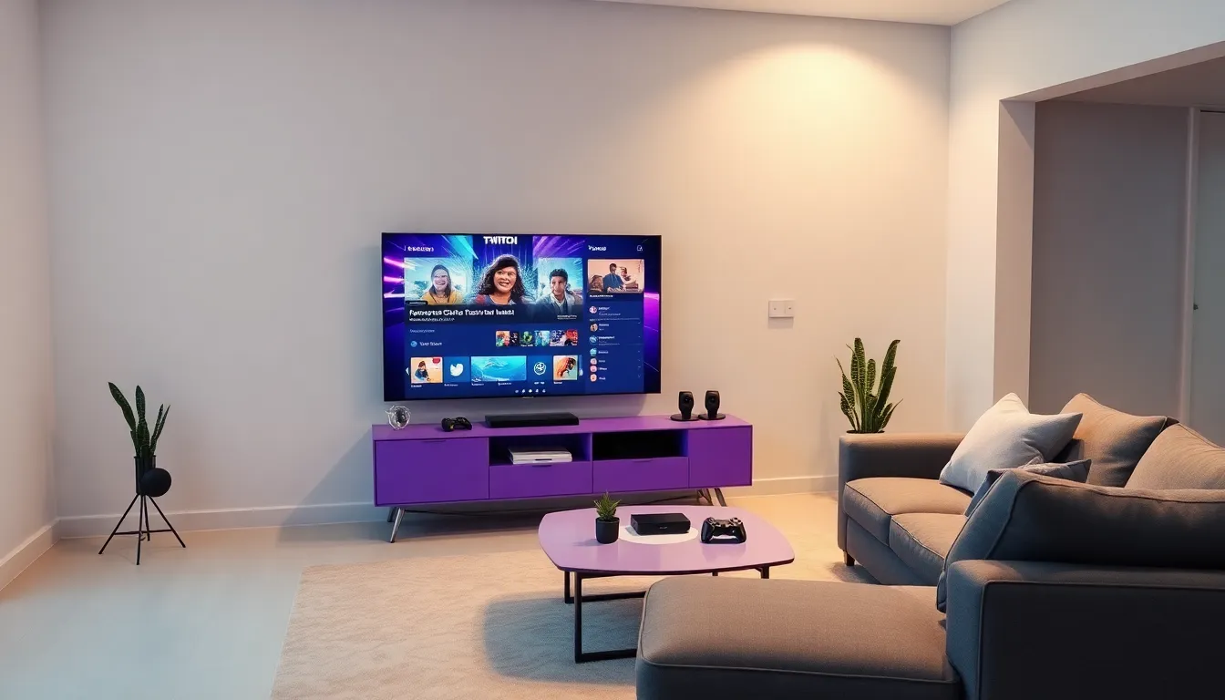 Purple TV displaying a Twitch stream in a modern living room.