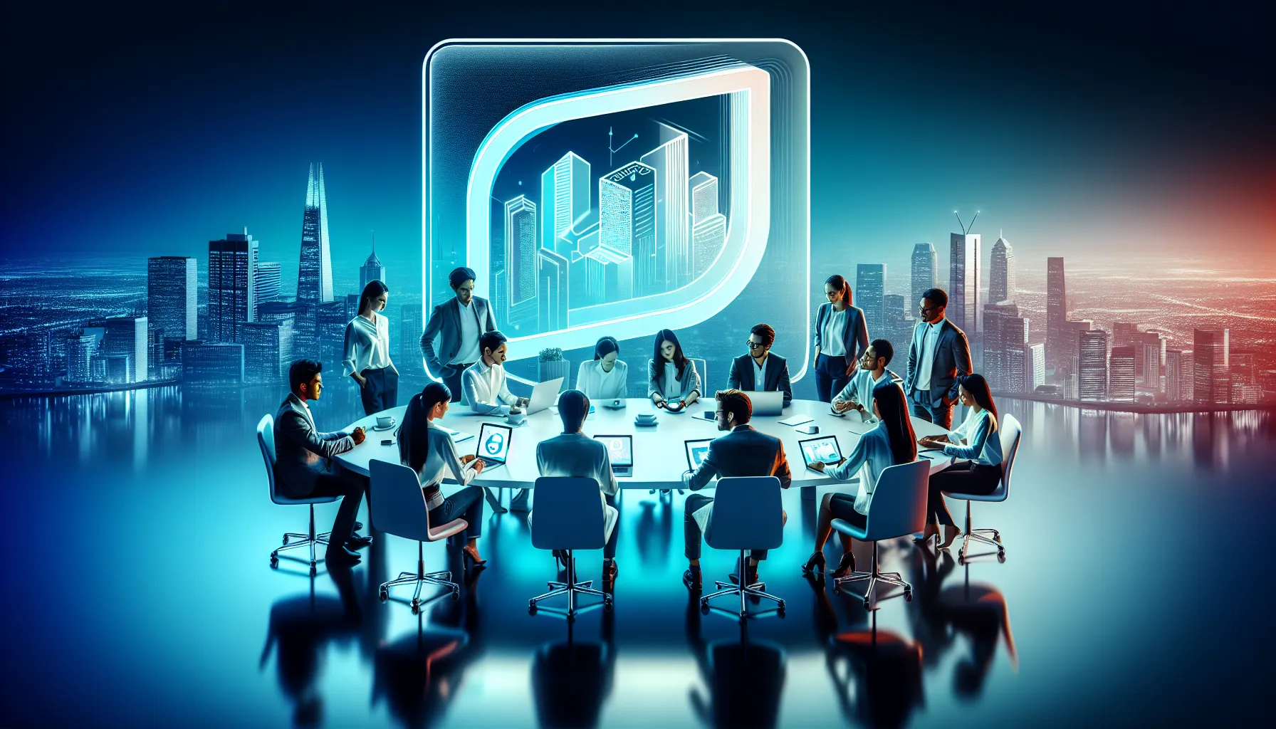 Diverse professionals collaborating around the Lazada logo in a modern office.