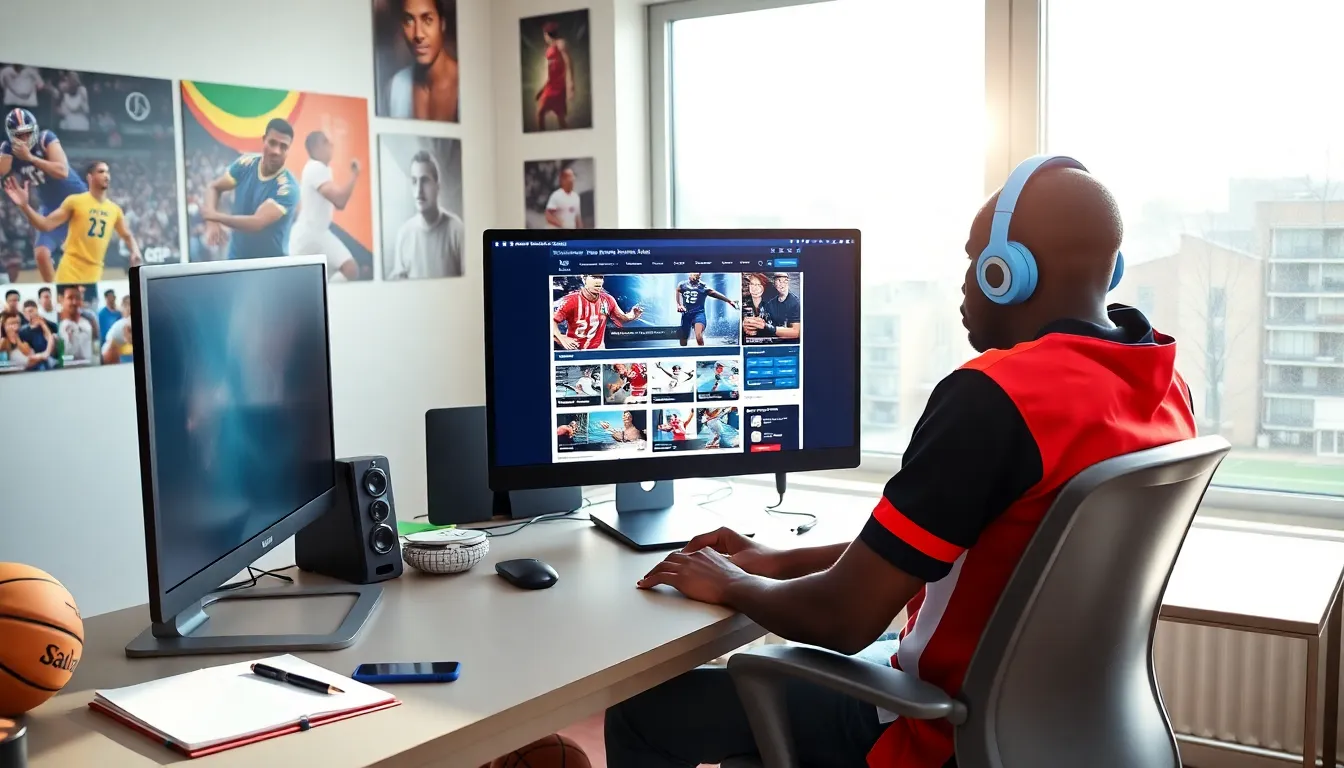 a young man engaged with a sports news website on his computer.
