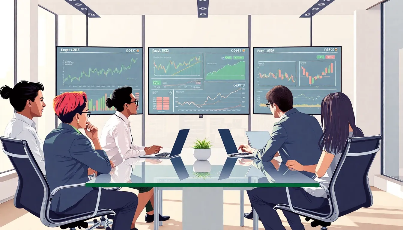 diverse team analyzing economic data in a modern office.