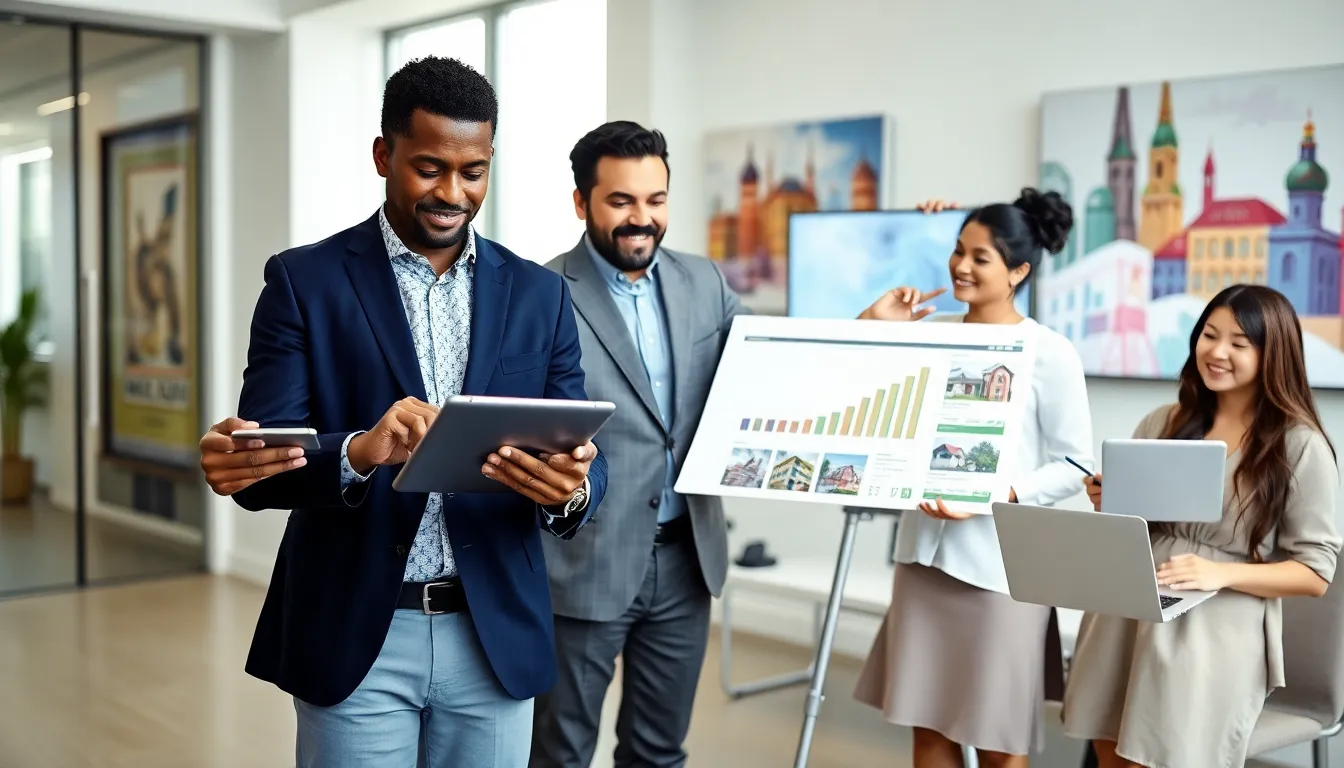 A diverse real estate team collaborating in a modern office setting.