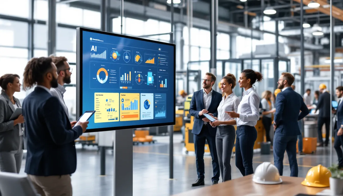 Engineers collaborating around digital AI dashboard in modern manufacturing facility.