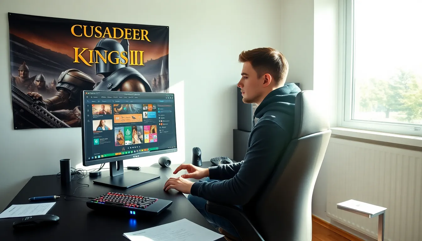 a young man using CK2Generator for gaming strategy in a modern workspace.