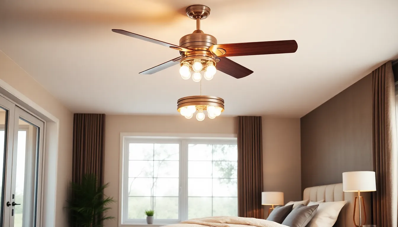 modern bedroom featuring a stylish fandelier light fixture.