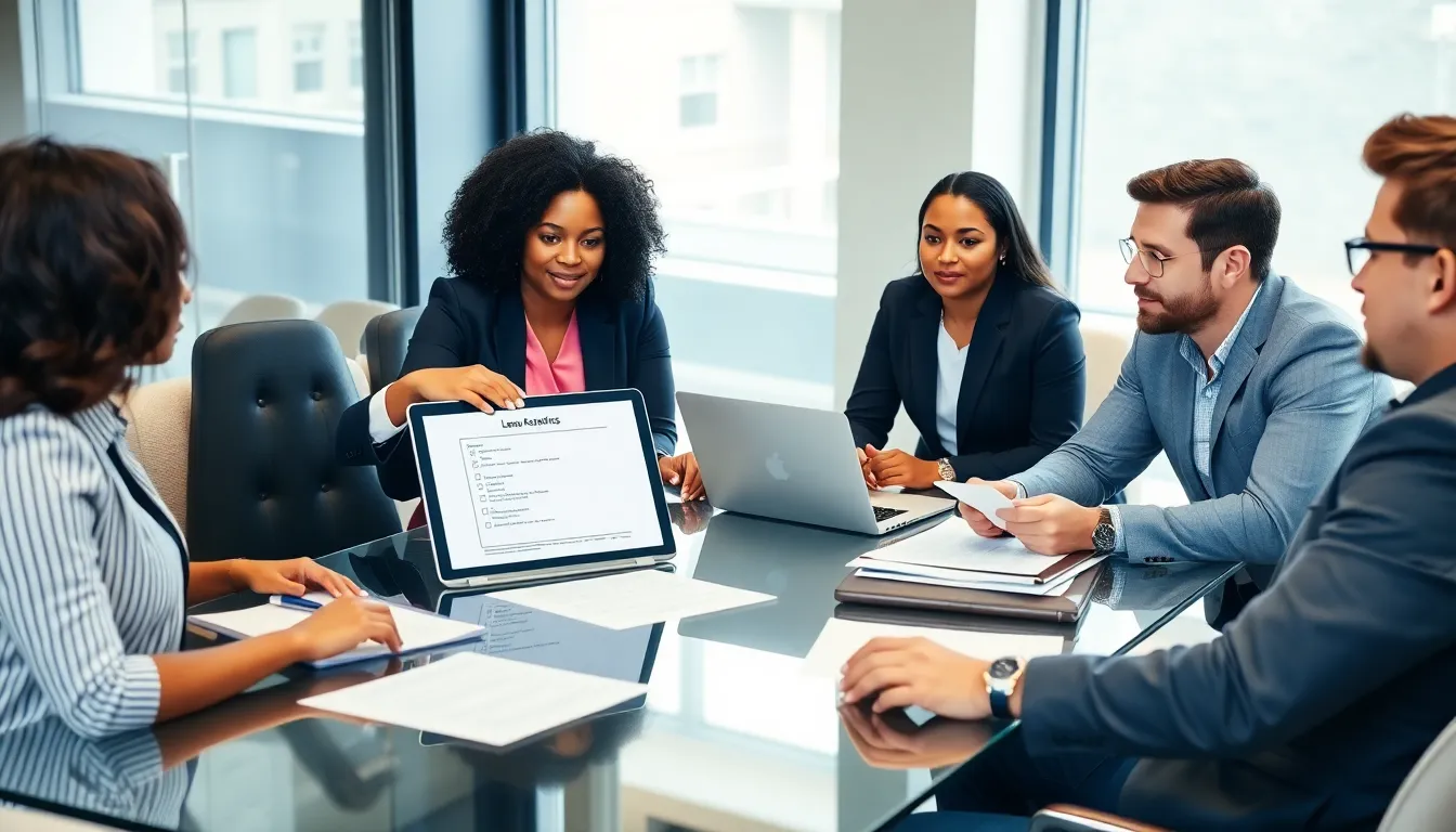 diverse group of first-time landlords discussing legal obligations in an office.