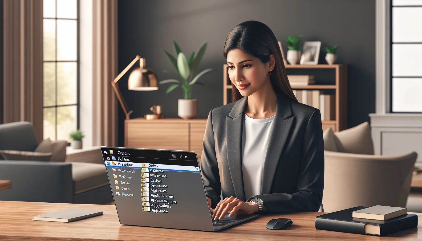 person searching for Shotcut files on a MacBook in a tidy office.