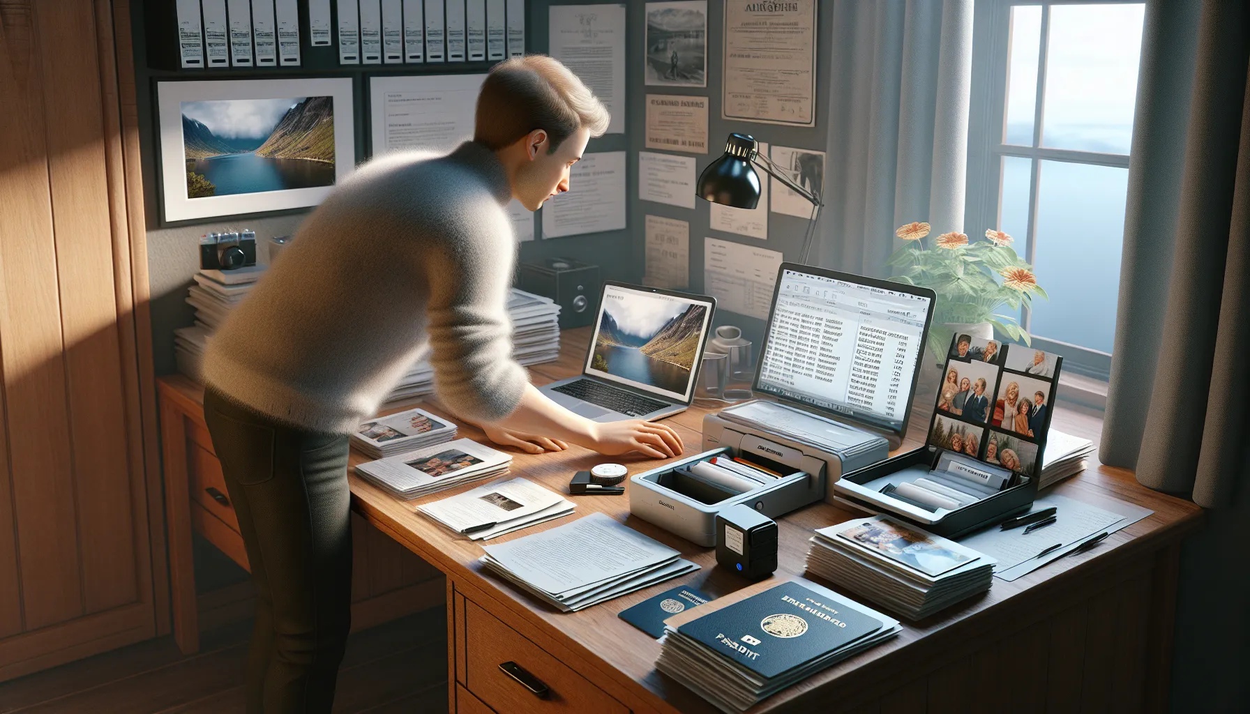 Person organizing digital backups of documents and family photos at a norwegian home office.