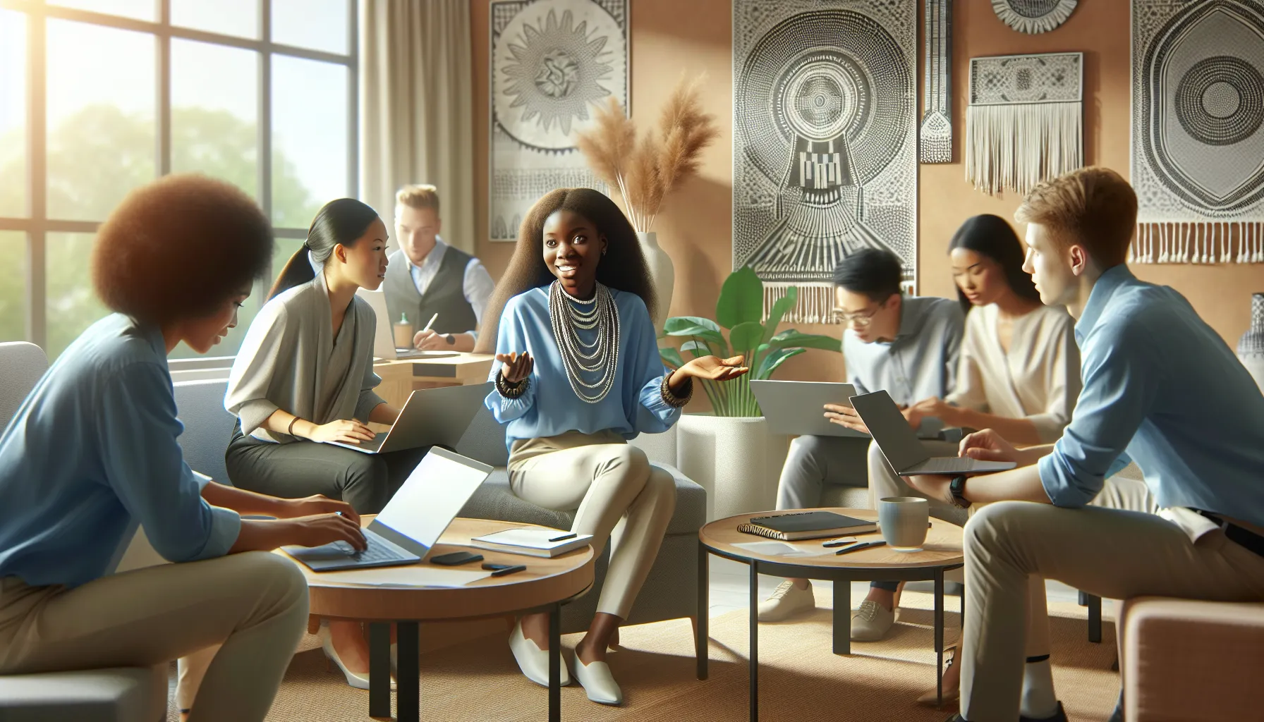 diverse team collaborating on Hausa cultural projects in a modern office.