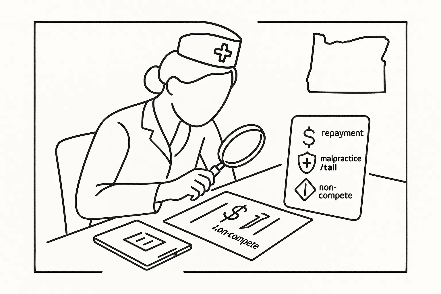 Nurse practitioner reviewing a contract with magnifying glass and legal icons of Oregon Nurse Practitioner Contract Review.