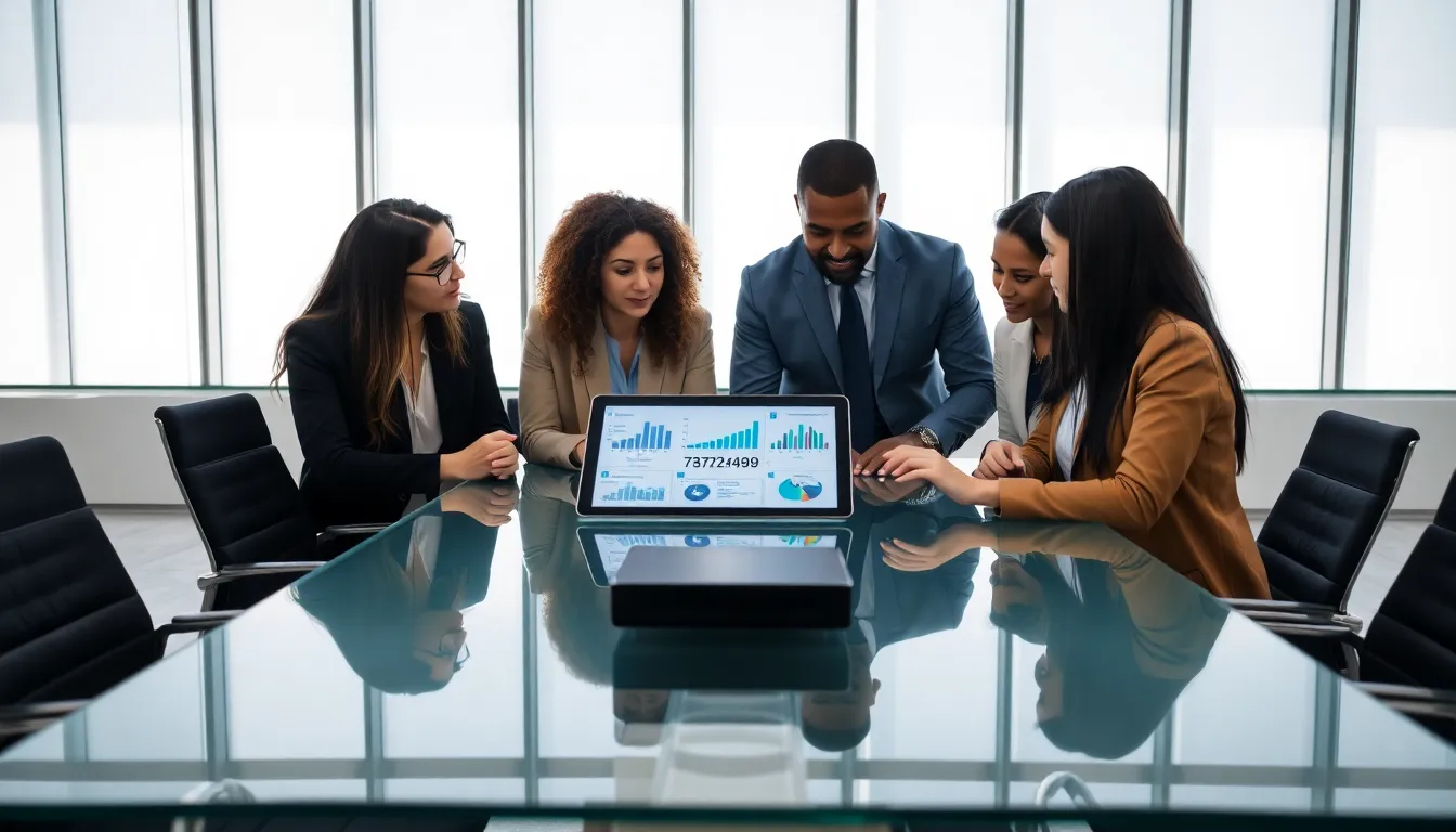 diverse team discussing data analysis in a modern office.