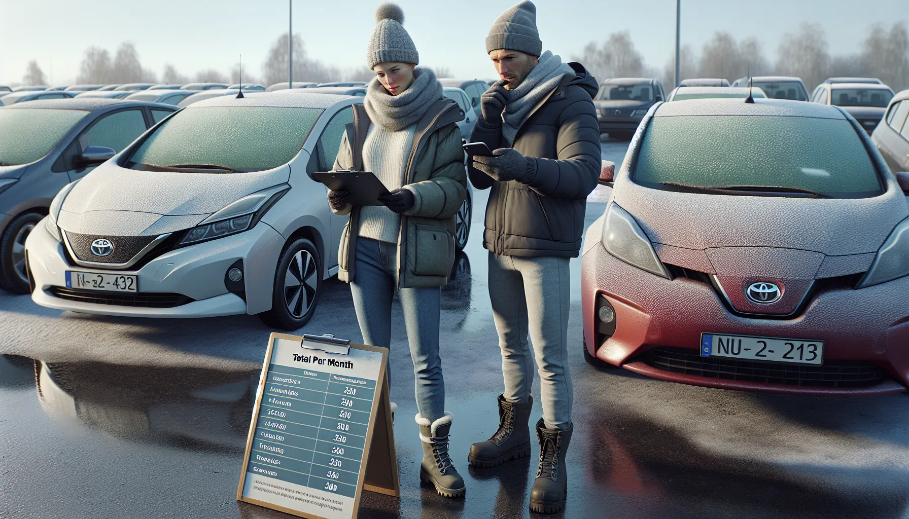 Couple in norway comparing used car costs with clipboard and calculator app.
