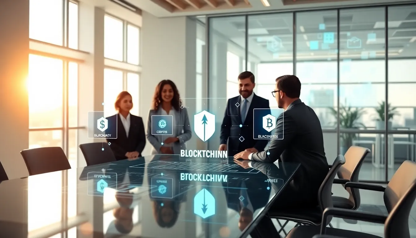 diverse professionals discussing blockchain technology in a modern office.