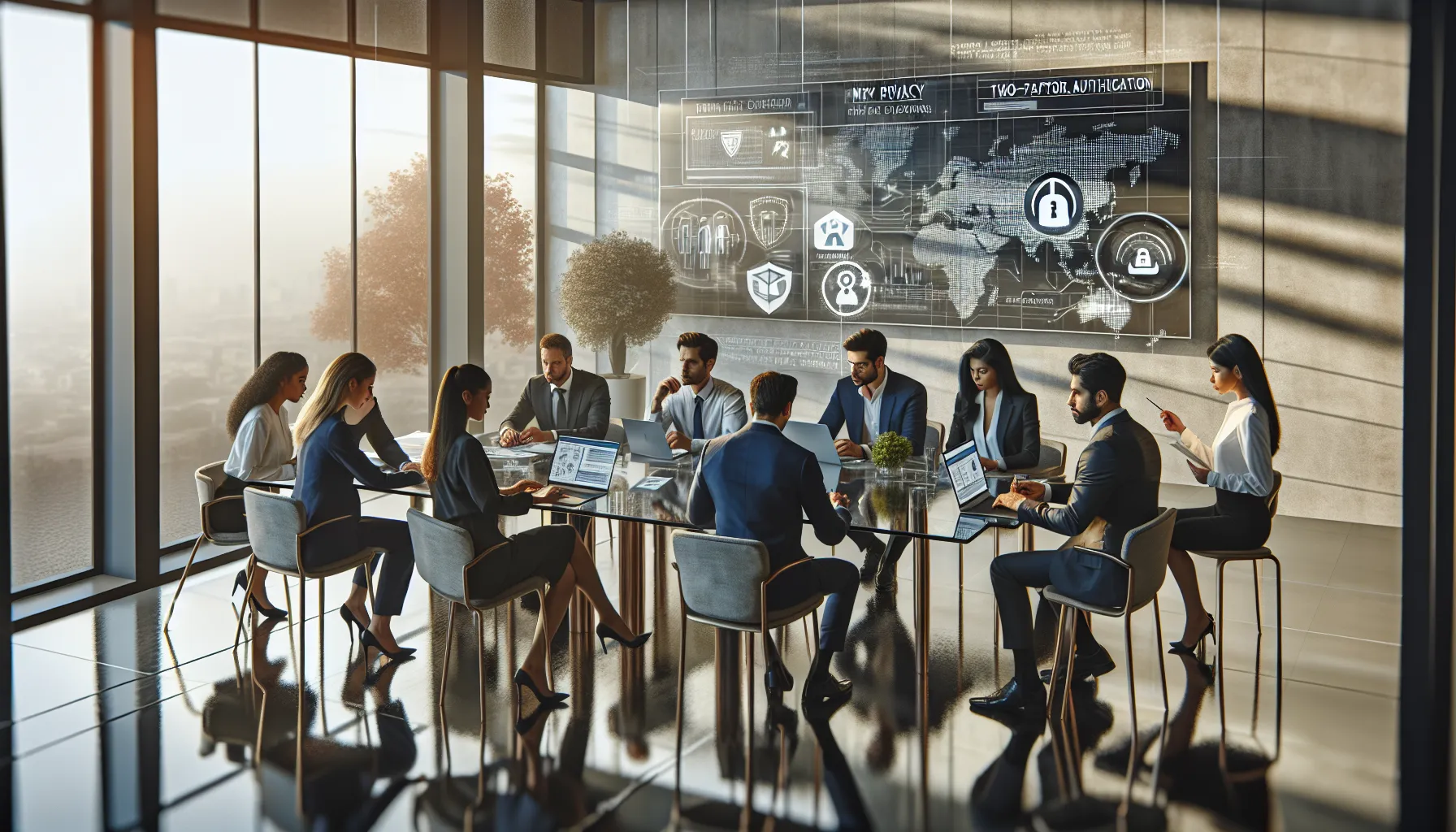 diverse professionals discussing data privacy in a modern office.