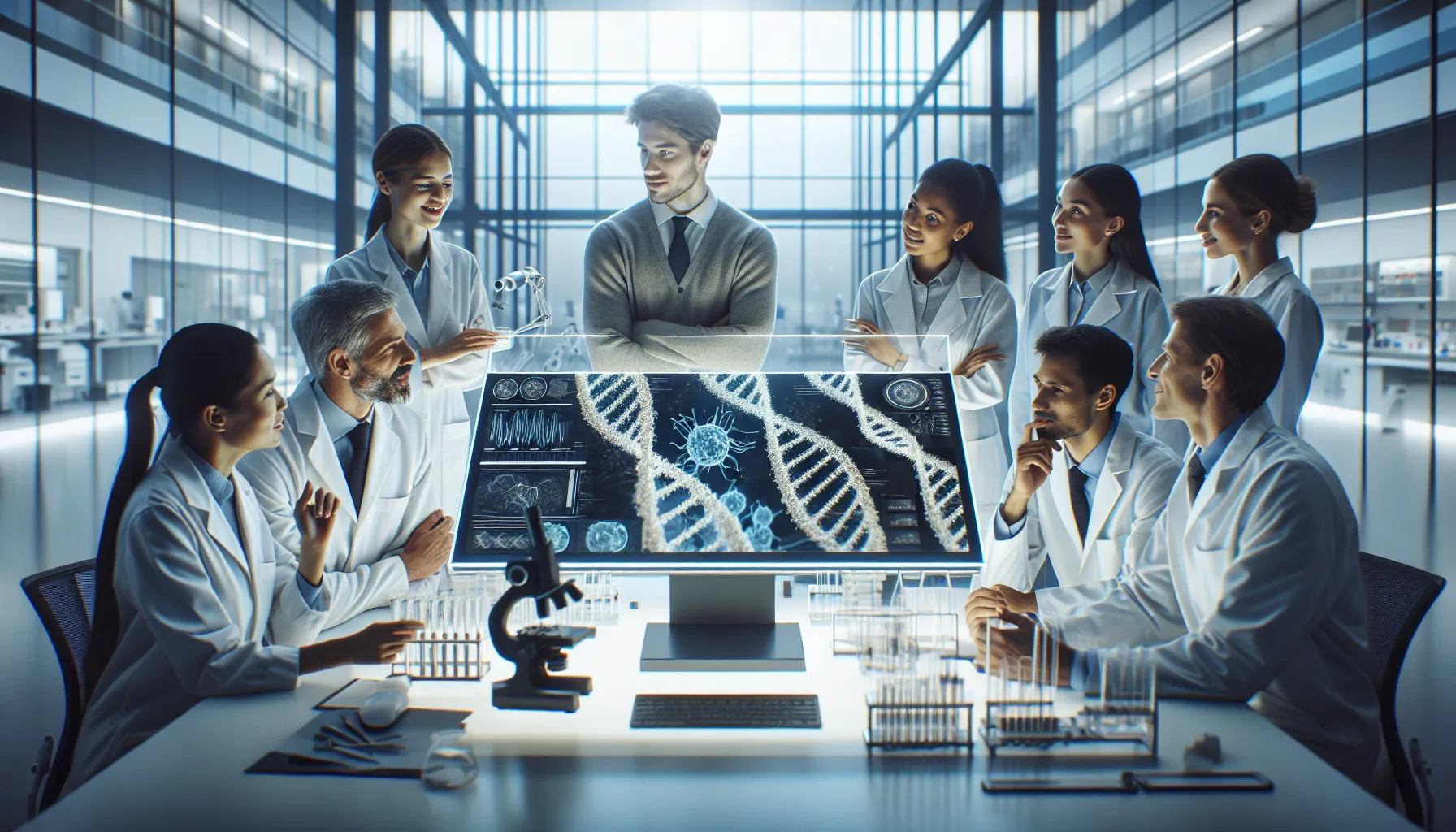 diverse researchers discussing genetic findings in a modern lab.