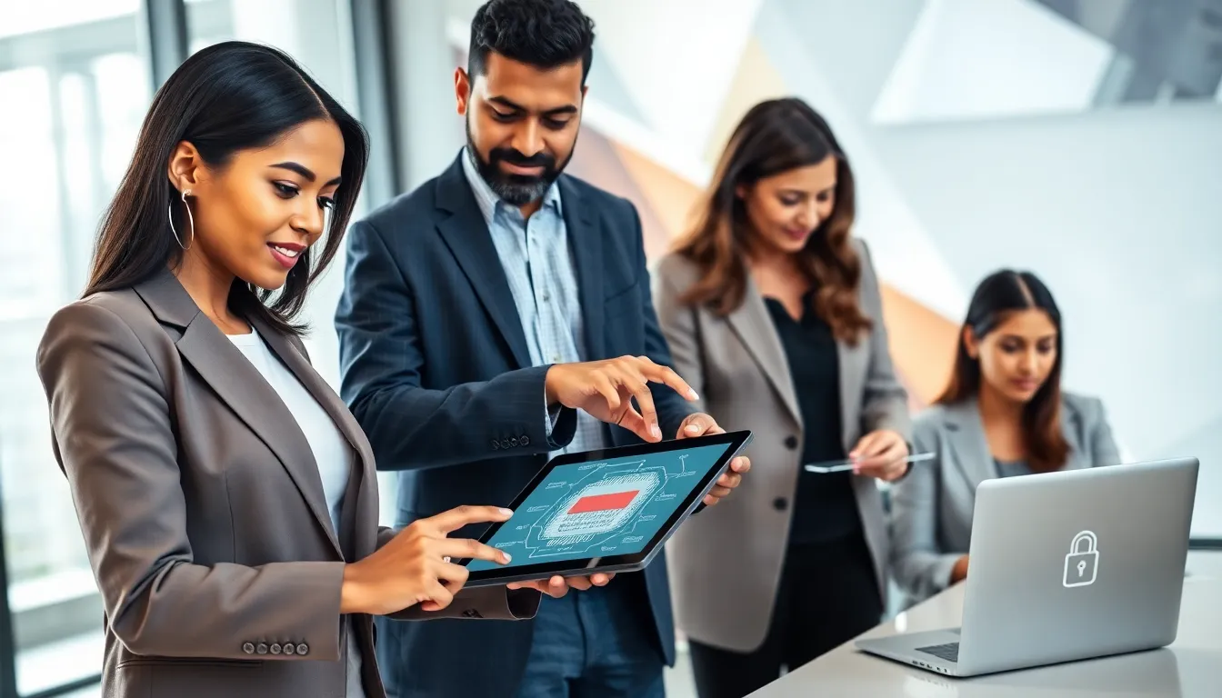 professionals discussing enterprise blockchain technology in a modern office.
