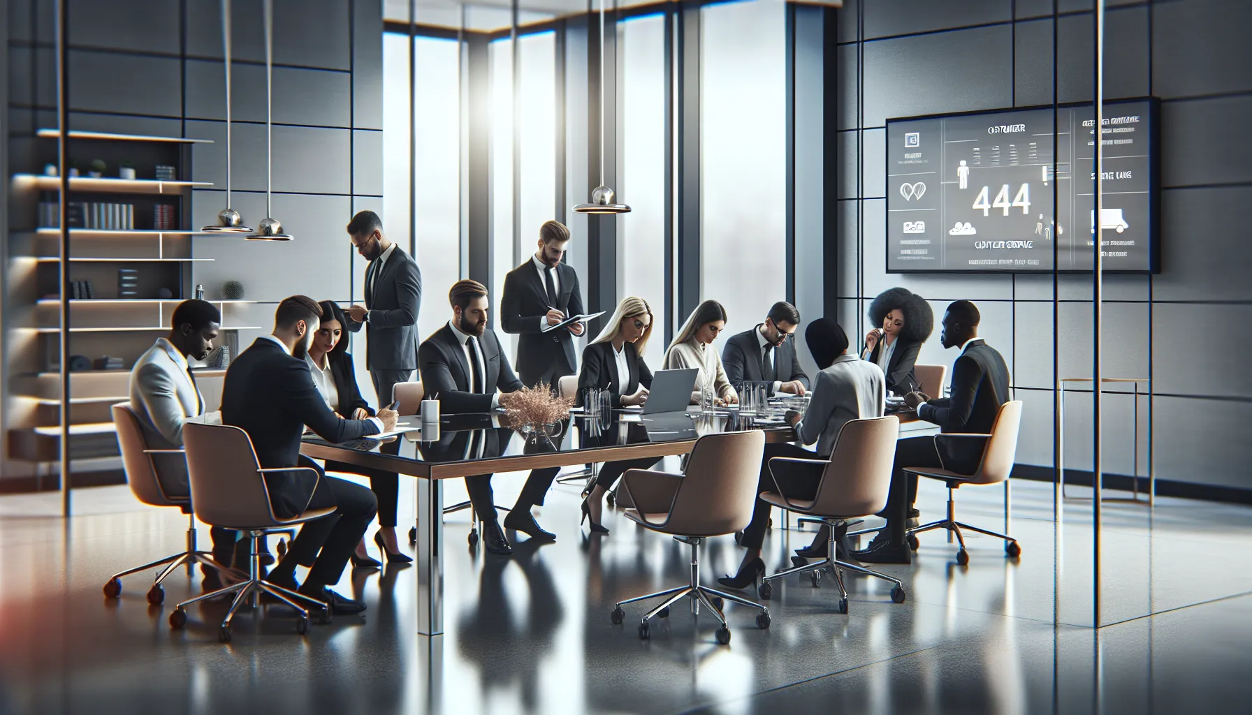 diverse team discussing customer support in a modern office.