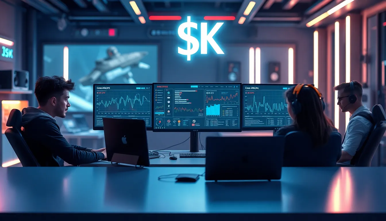gamers analyzing ISK in a futuristic gaming environment.