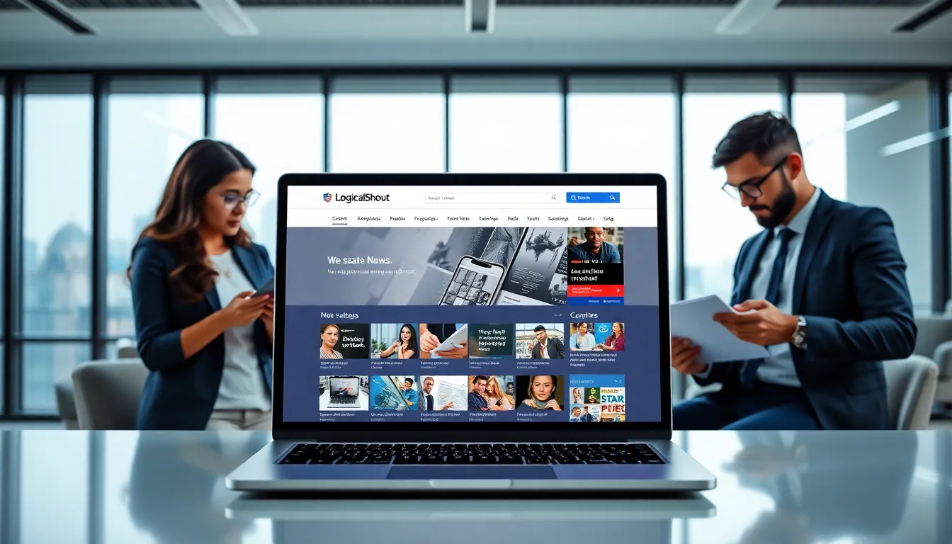 professionals discussing news articles in a modern office setting.