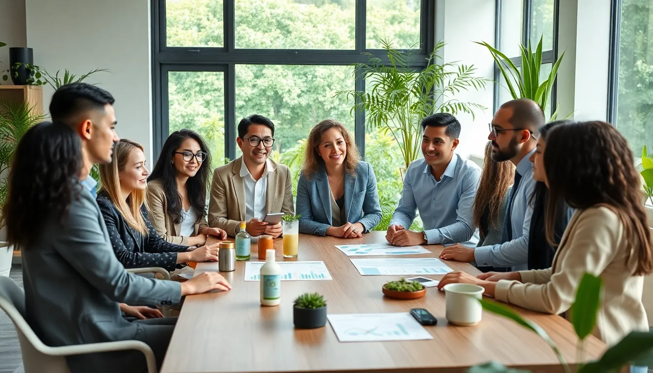 diverse professionals discussing sustainable living in a green office.