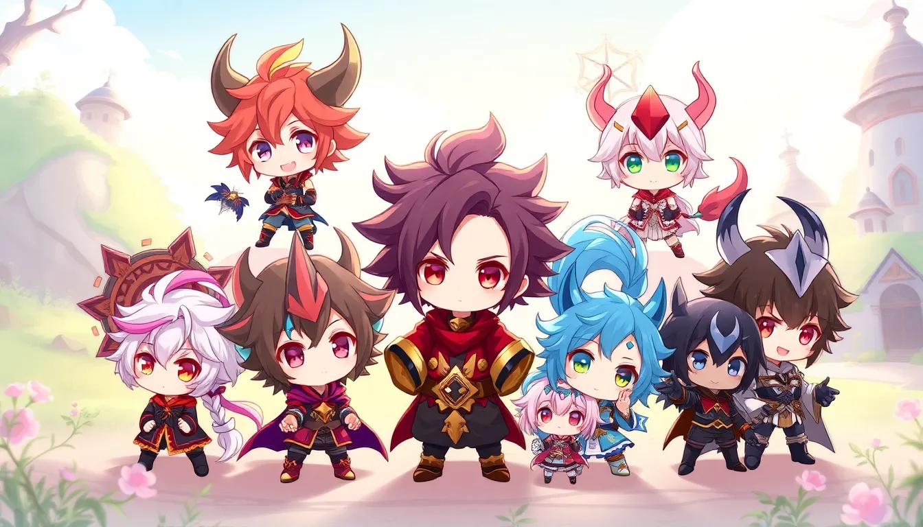 chibi characters from Genshin Impact in a colorful, whimsical landscape.
