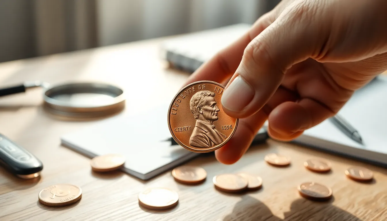 person examining a modern penny on a wooden desk.