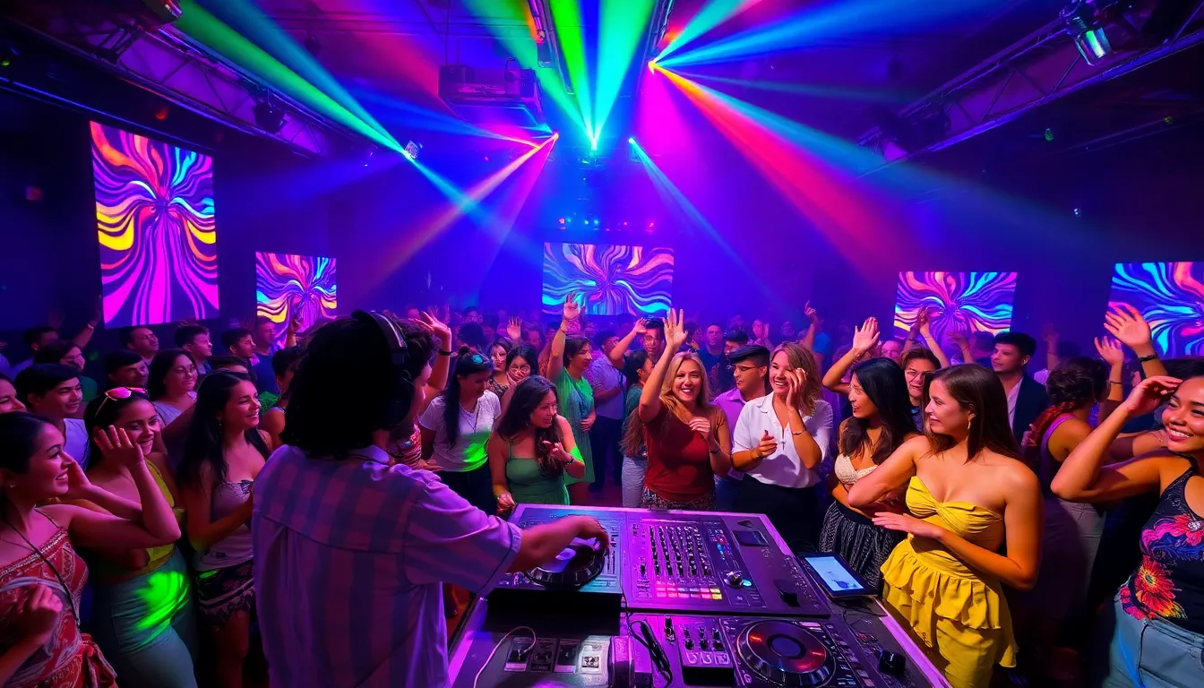 a diverse crowd dancing at a lively 2022 dance music party.