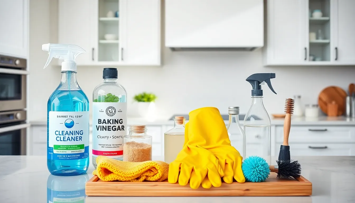 cleaning supplies displayed on a modern kitchen counter.