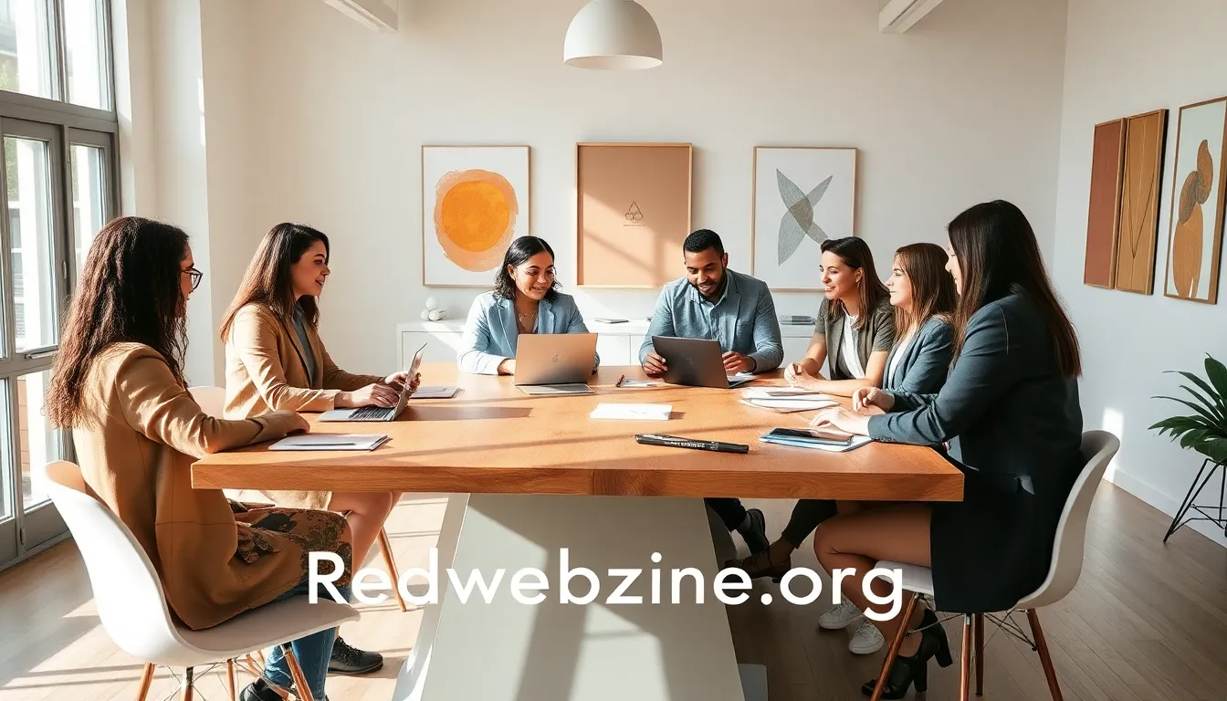 diverse individuals collaborating in a modern, creative workspace.
