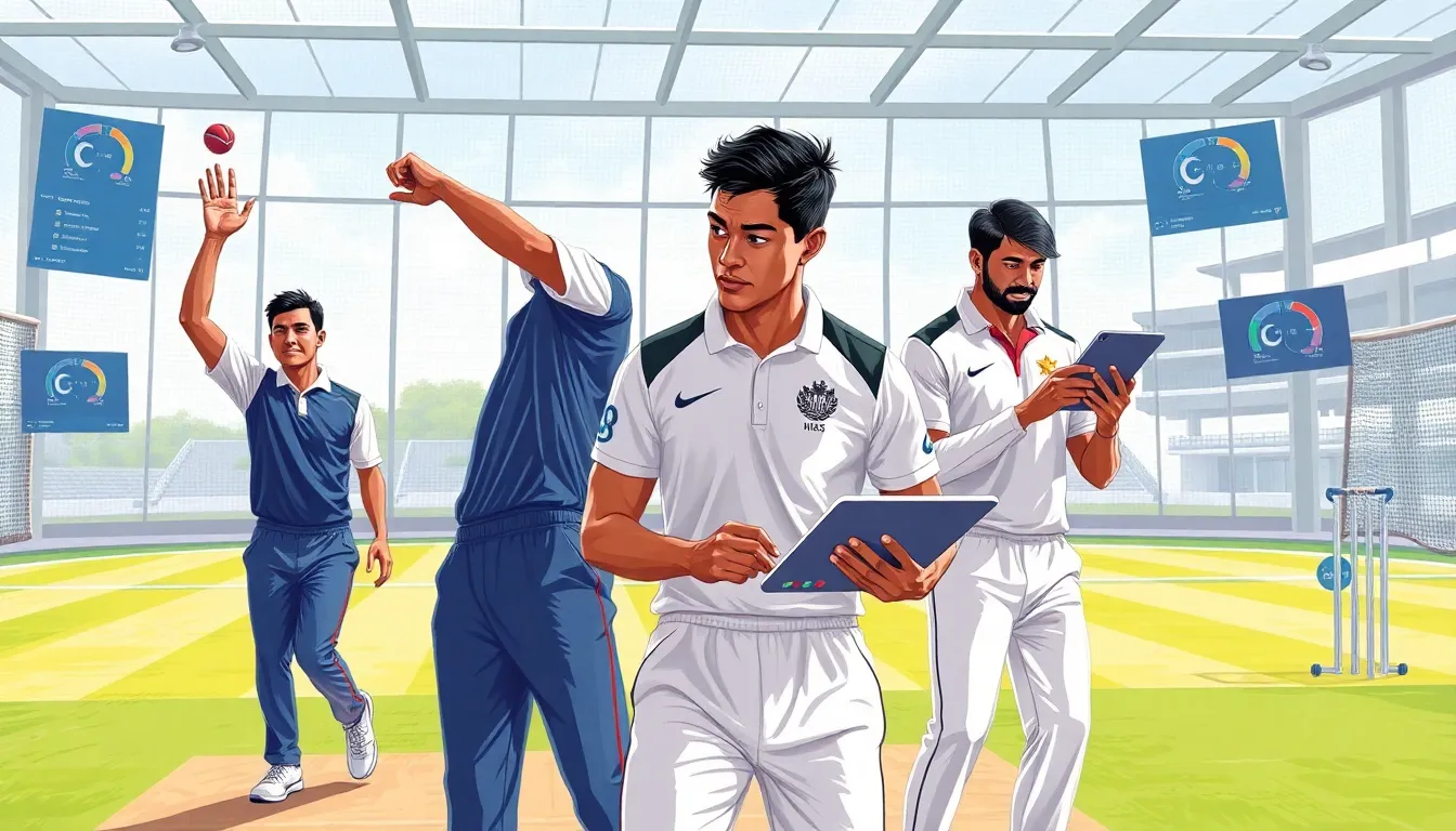diverse bowlers training in a modern cricket facility.