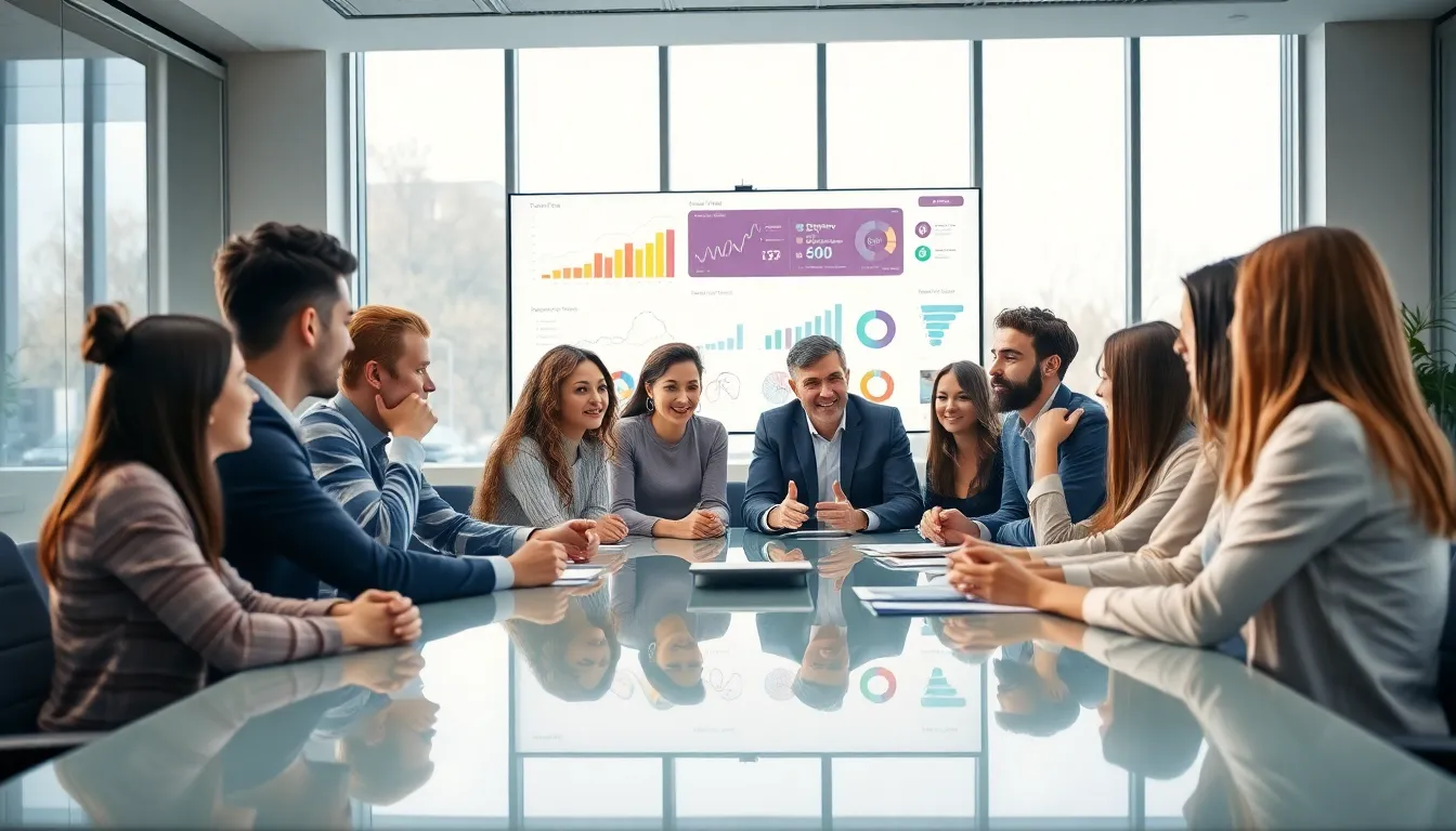 diverse team discussing strategies for captivating content in a modern office.