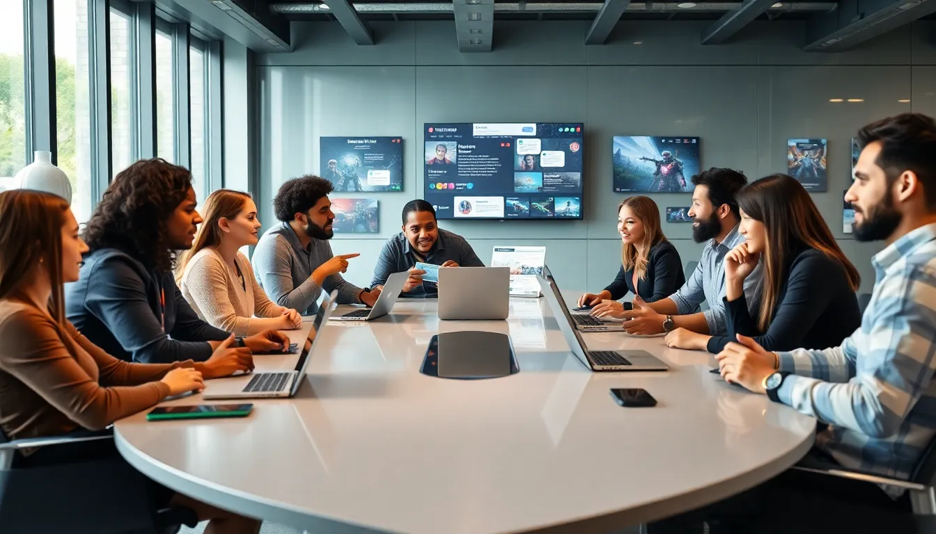 diverse gamers discussing emails in a modern office setting.