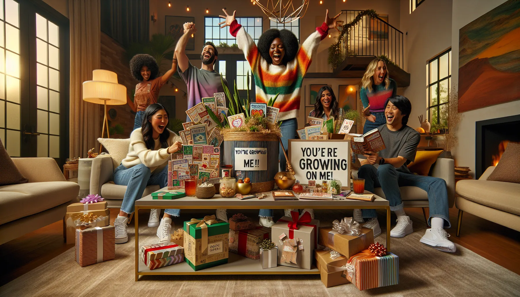 group of friends sharing personalized gifts in a cozy living room.