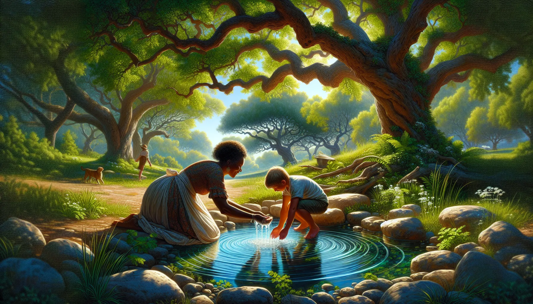 a family enjoying fresh spring water by a natural spring in a lush setting.