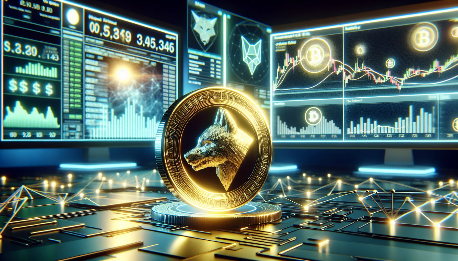 Floki Inu token with financial charts and blockchain network on trading monitors.