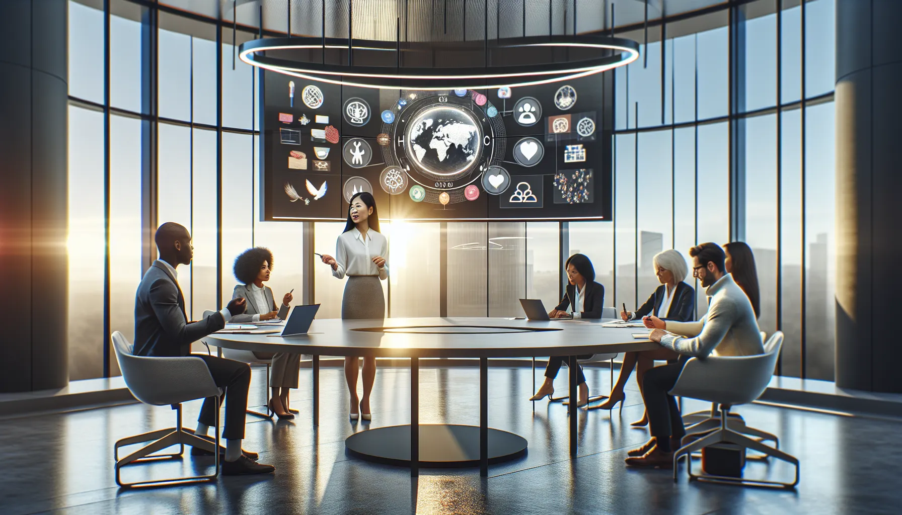 diverse group discussing cultural engagement in a modern conference room.