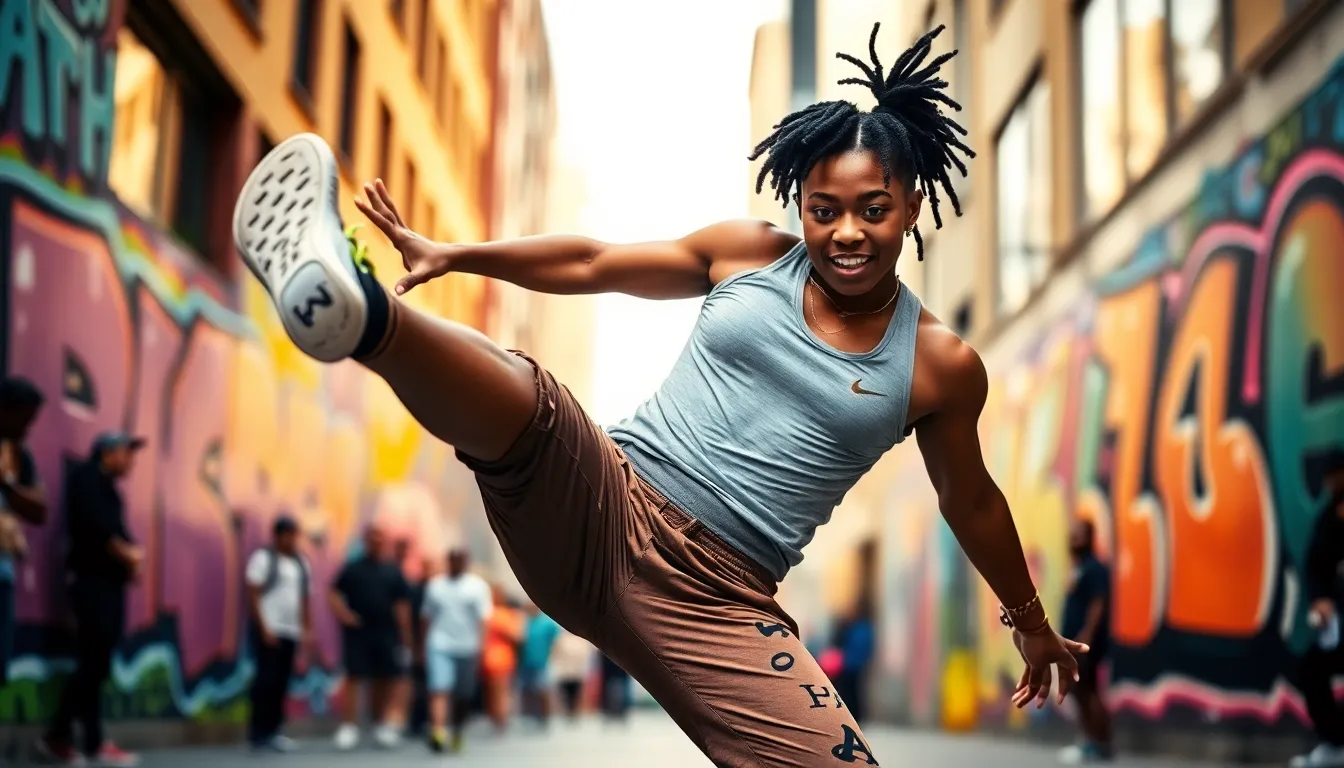 Dancer performing on a city street, embodying vibrant energy and creativity.