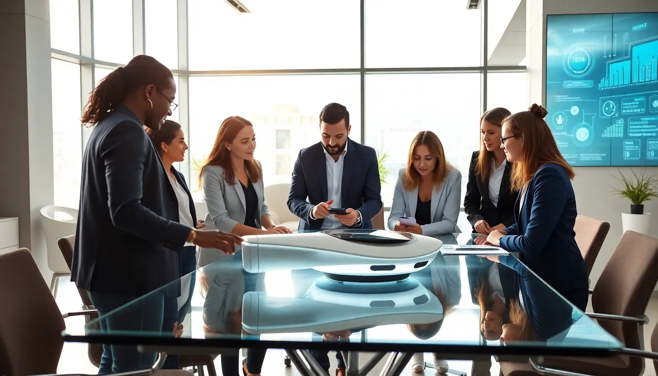 diverse team discussing a high-tech prototype in a modern office.