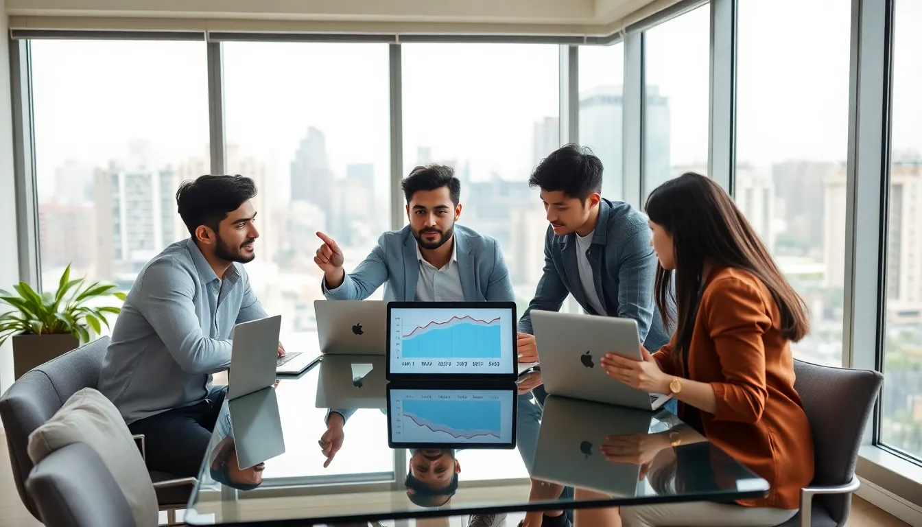 young professionals discussing renting vs buying in a modern apartment.