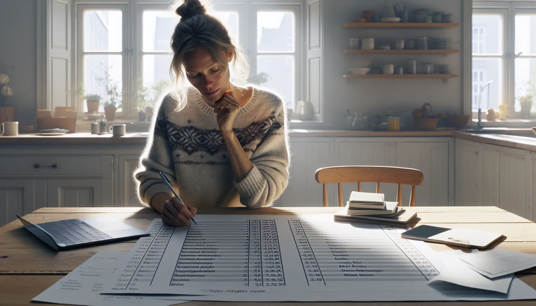Voksen i norsk leilighet lager detaljert gjeldsoversikt og budsjett ved kjøkkenbordet.