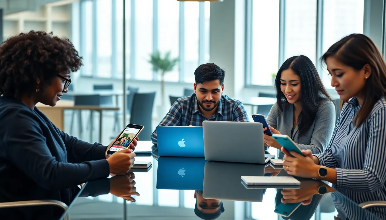diverse adults using educational apps in a modern workspace.