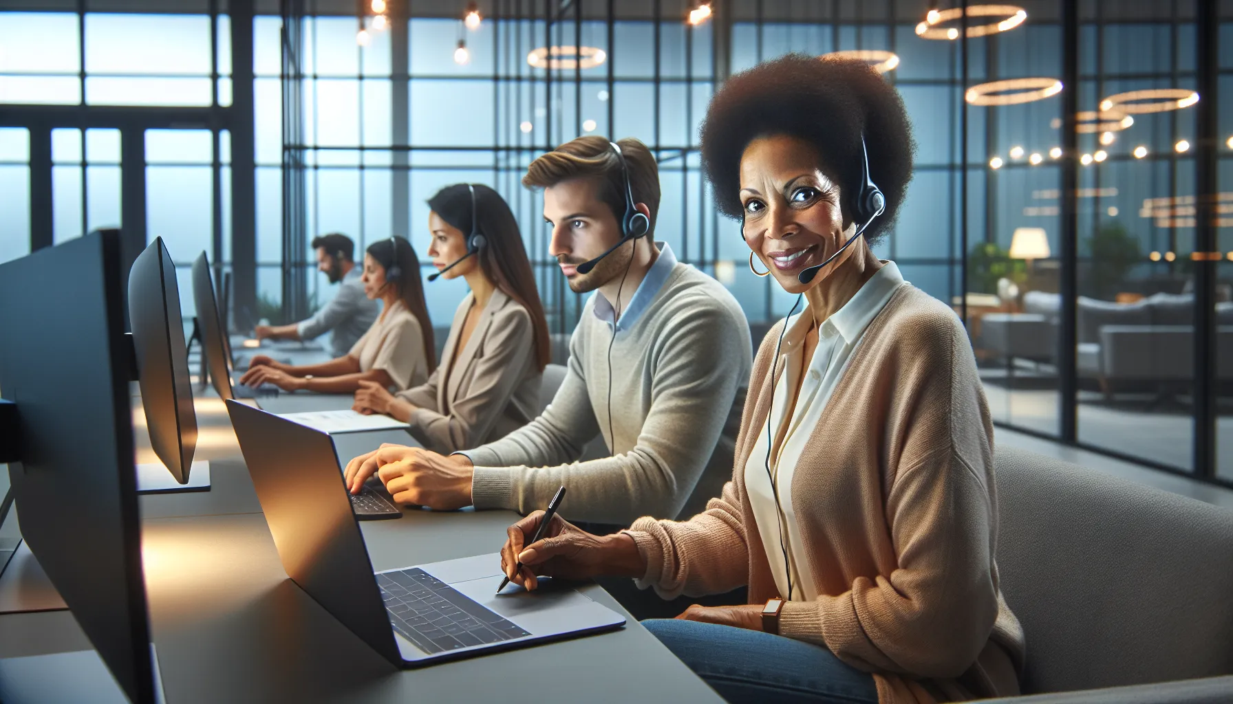 diverse team of customer service representatives in a modern office.