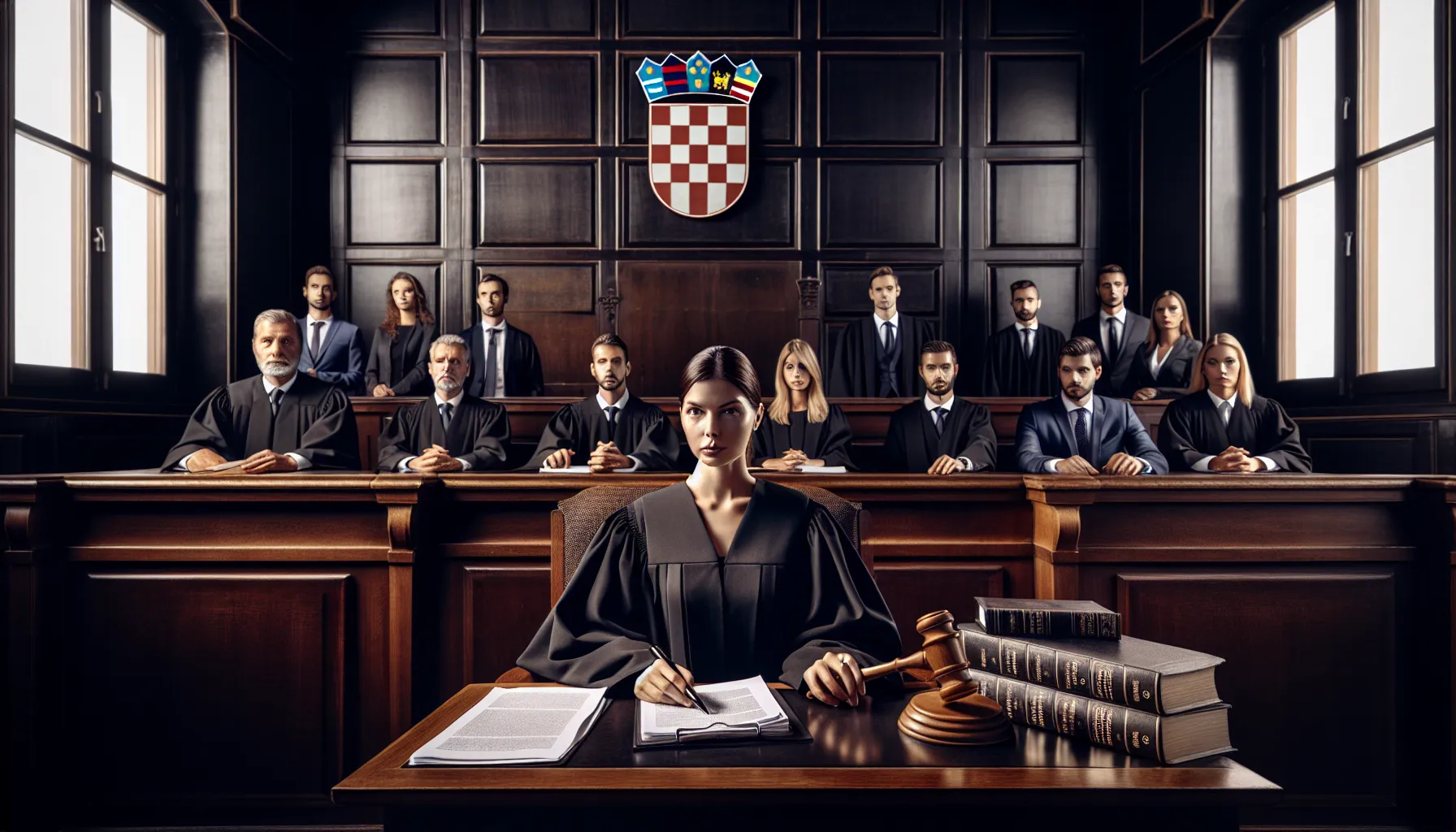 Croatian courtroom with judge and legal professionals discussing restraining order laws