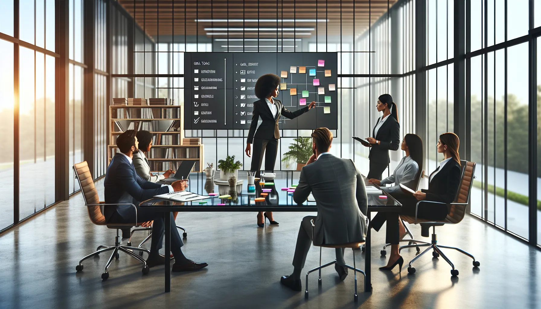 diverse professionals collaborating on goal-setting in a modern office.