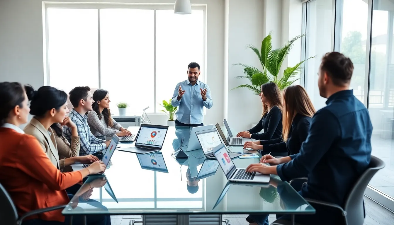 professionals discussing Flip Social Media in a modern office setting.