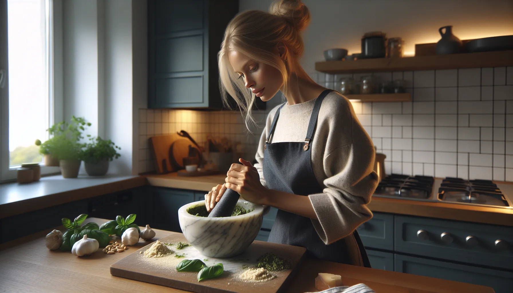 Woman in a bright norwegian kitchen making fresh basil pesto in a mortar.