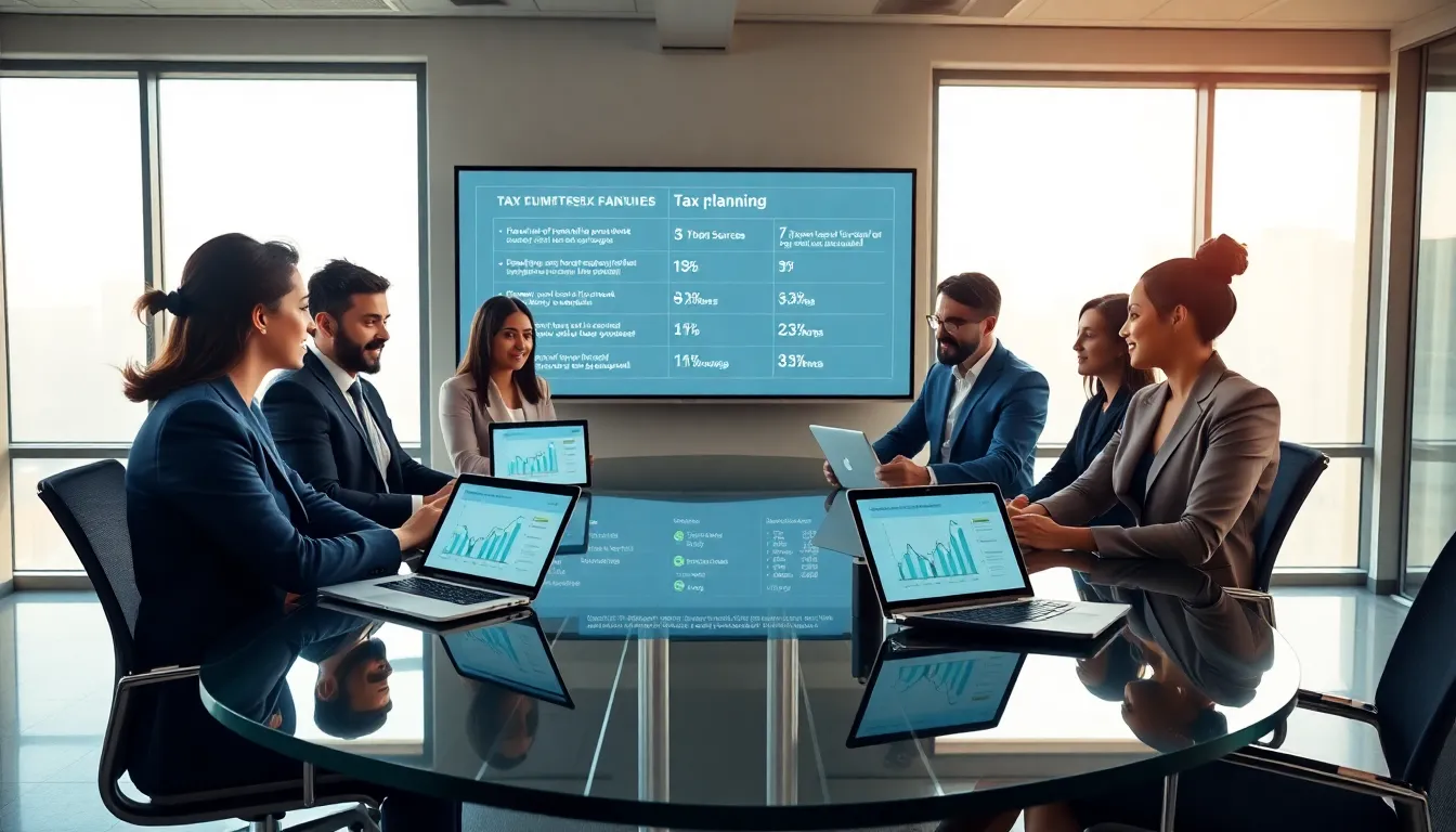 diverse professionals discussing tax planning in a modern office.
